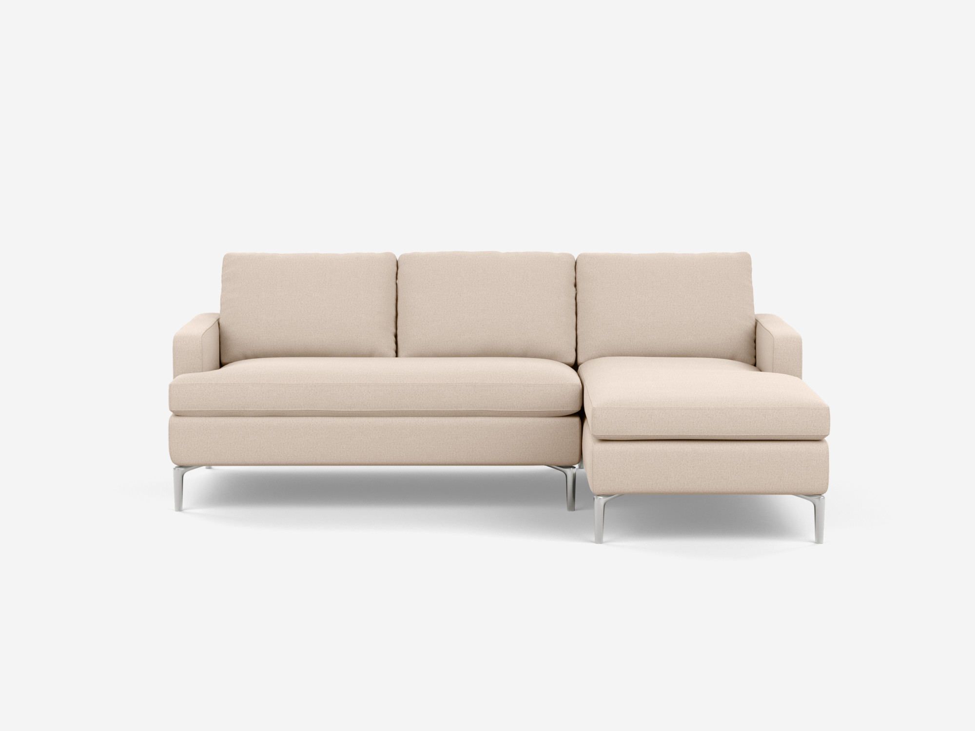 Front view of the Eve mid century sectional in white fabric with right chaise